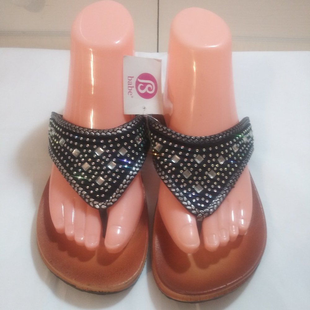 BABE BLING RHINESTONE THONG BLACK SANDAL SLIP-ON FLIP FLOPS